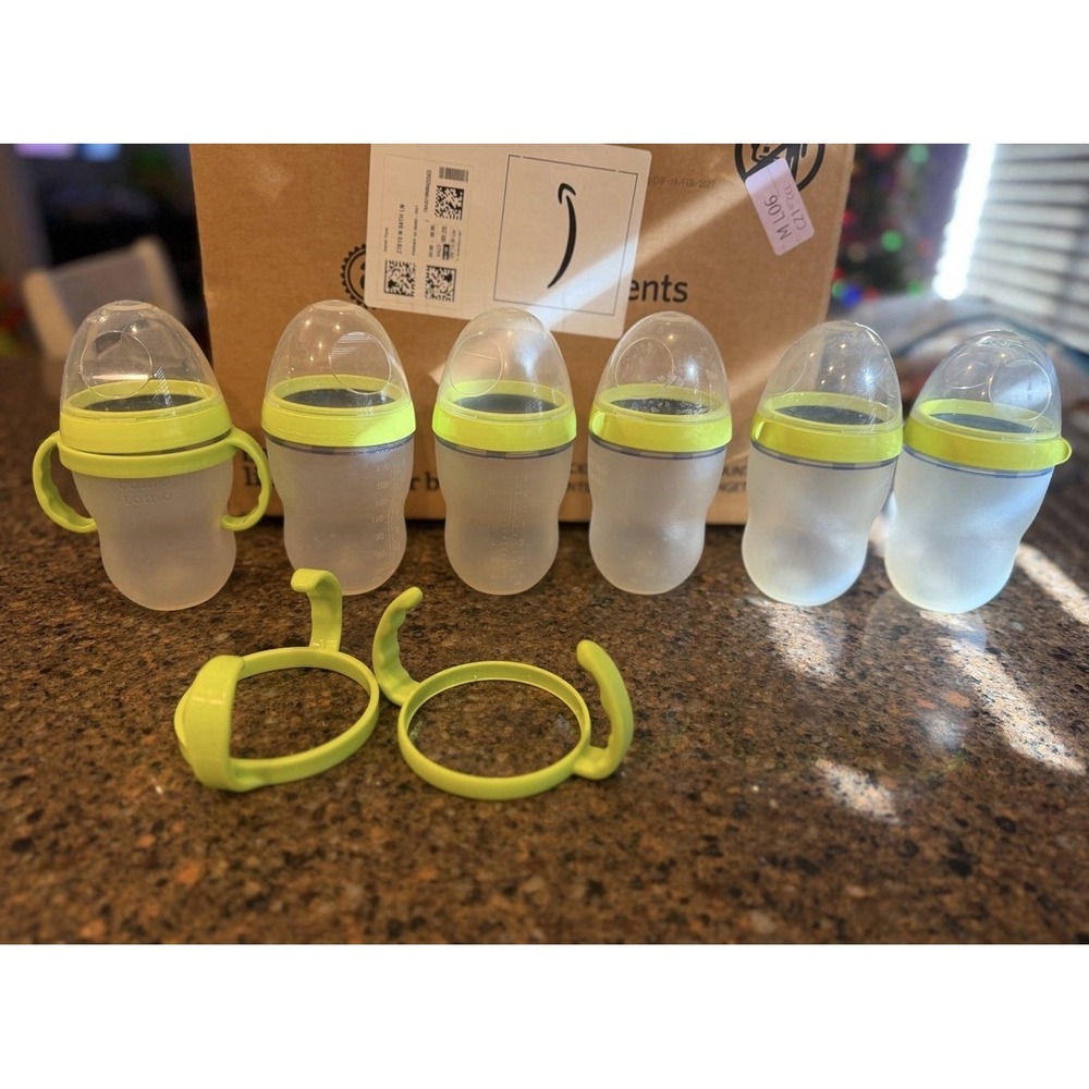 Comotomo Baby Bottles‎ Lot of 6 Silicone Bottles Green + 2 Handles